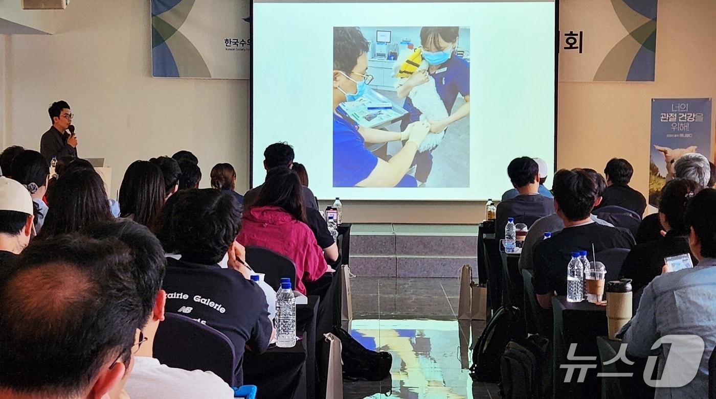 윤병국 청담우리동물병원 원장이 2025 제1차 한국수의재활학회 학술대회에서 관절 주사 시 소형견의 보정 방법에 대해 설명하고 있다. ⓒ 뉴스1 한송아 기자