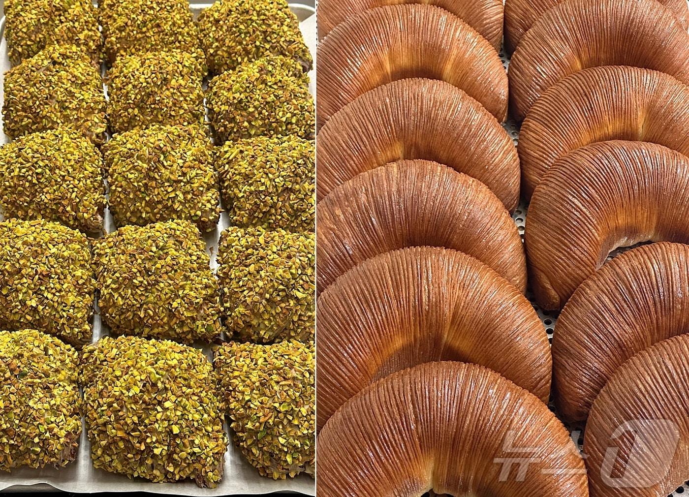 본문 이미지 - 광주신세계 본관 지하 1층에서 판매하는 미리아드 베이커리의 리얼 피스타치오 크림 크루아상(왼쪽)과 만겹크루아상.(광주신세계 제공.재배포 및 DB 금지)