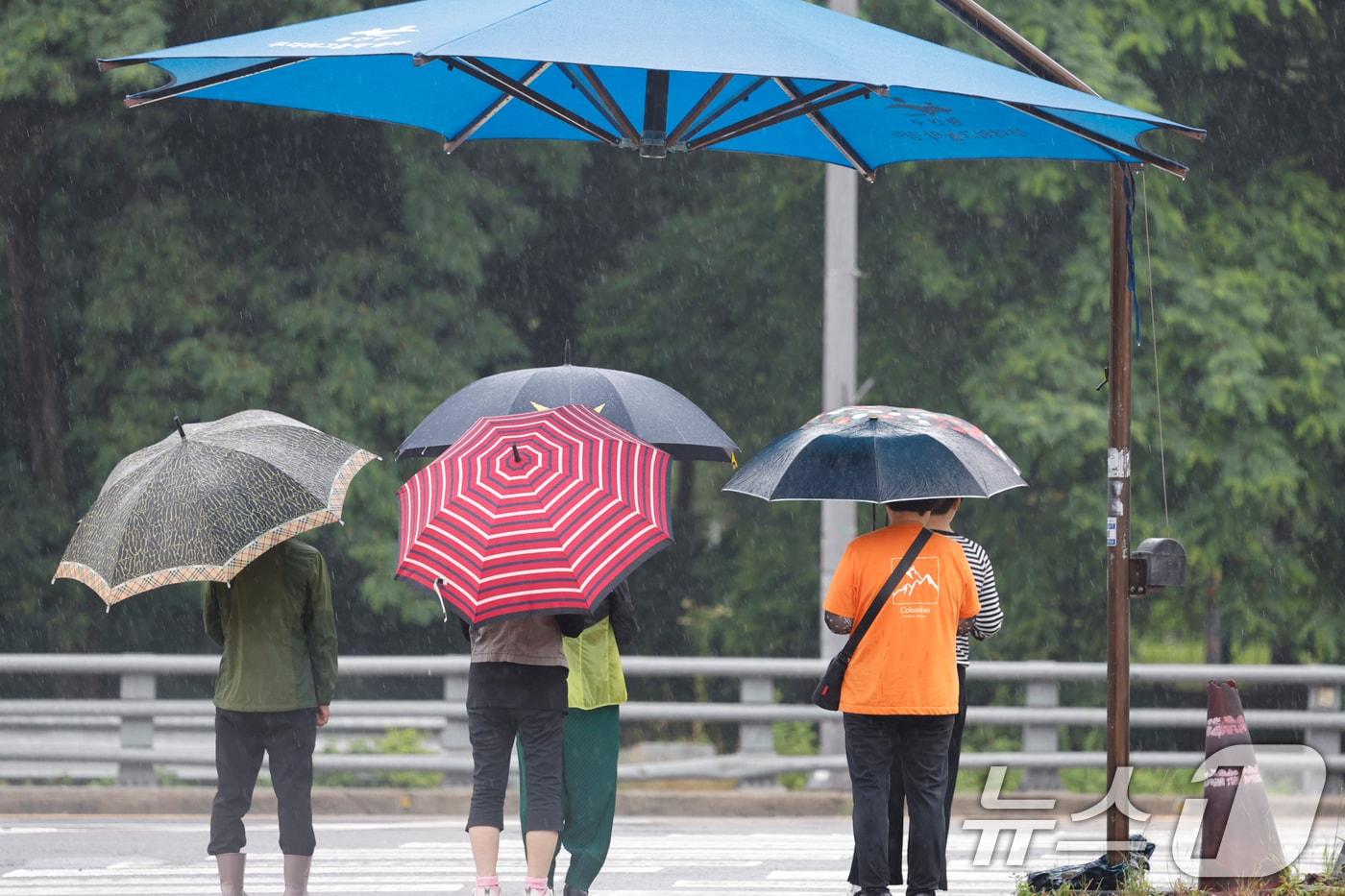 16일 오전 광주 광산구 운남동 거리에서 우산을 쓴 시민들이 보행자 신호를 기다리고 있다. ⓒ News1 김태성 기자