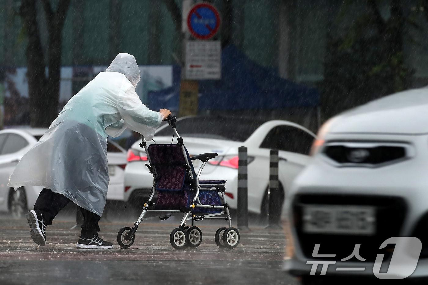 16일 오전 비가 요란하게 내리는 대구 수성구 달구벌대로 한 횡단보도에서 어르신이 보행보조기(어르신 유모차)에 의지한 채 길을 건너고 있다. 2025.6.16/뉴스1 ⓒ News1 공정식 기자