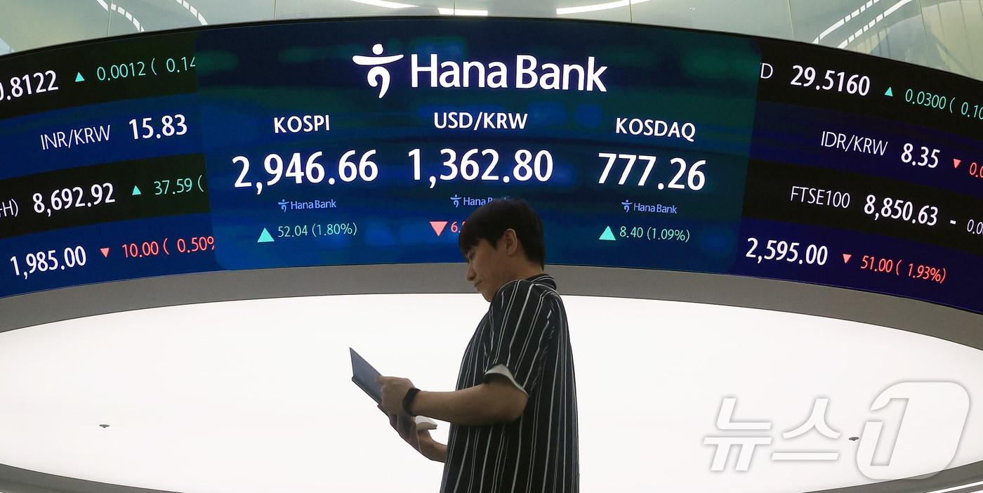 16일 서울 중구 하나은행 본점 딜링룸 전광판에 종가 현황이 표시돼 있다. 2025.6.16/뉴스1 ⓒ News1 김진환 기자