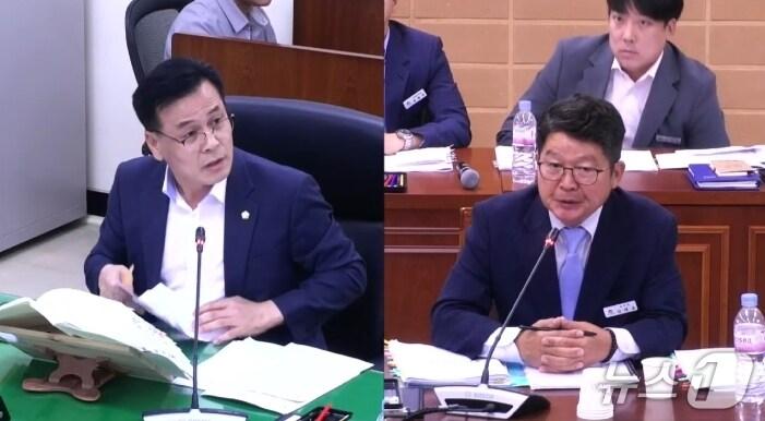 본문 이미지 - 임동규 김천시의원(왼쪽)이 지난 16일 시설관리공단을 대상으로 행정사무감사를 진행하고 있다. (김천시의회 홈페이지 갈무리. 제공. 재판매 및 DB금지)/뉴스1