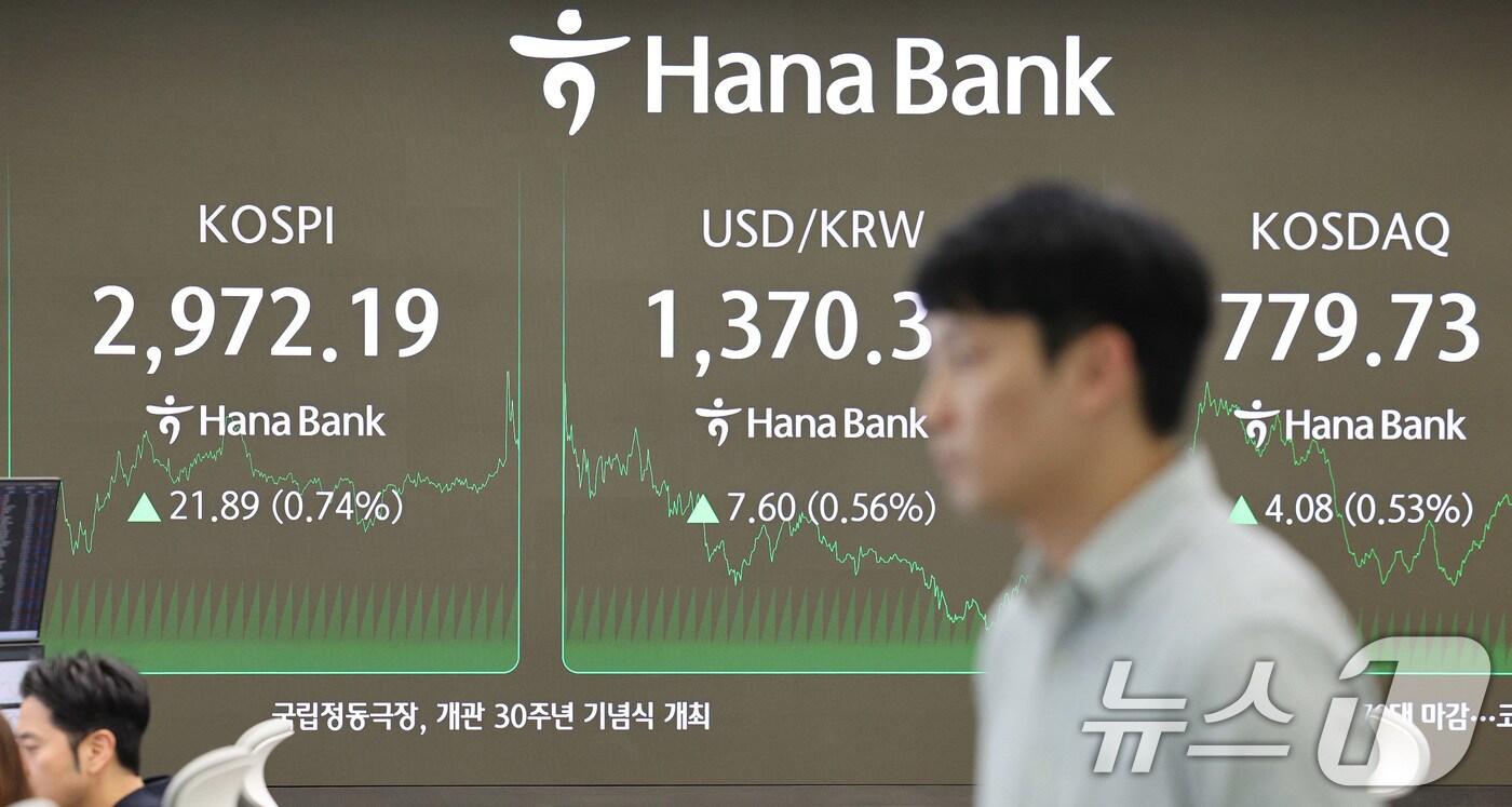 18일 오전 서울 중구 하나은행 본점 딜링룸 전광판에 코스피 지수가 표시되고 있다. 2025.6.18/뉴스1 ⓒ News1 신웅수 기자