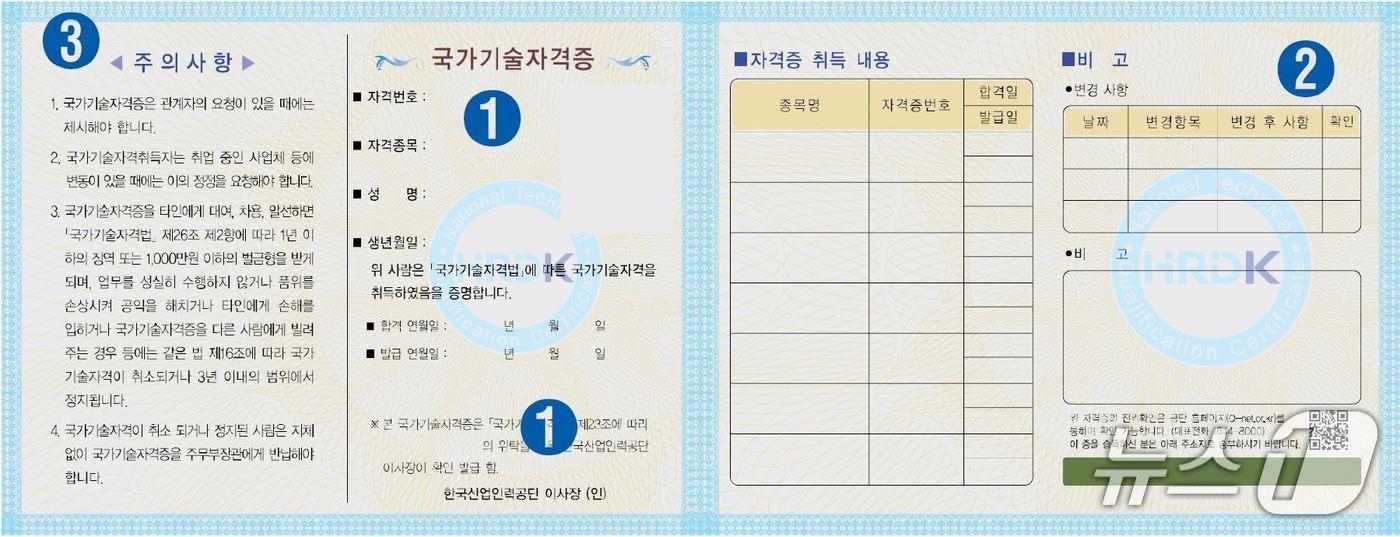 수첩형 국가기술자격증 위변조방지 보안기술(한국조폐공사 제공.재판매 및 DB금지)/뉴스1 