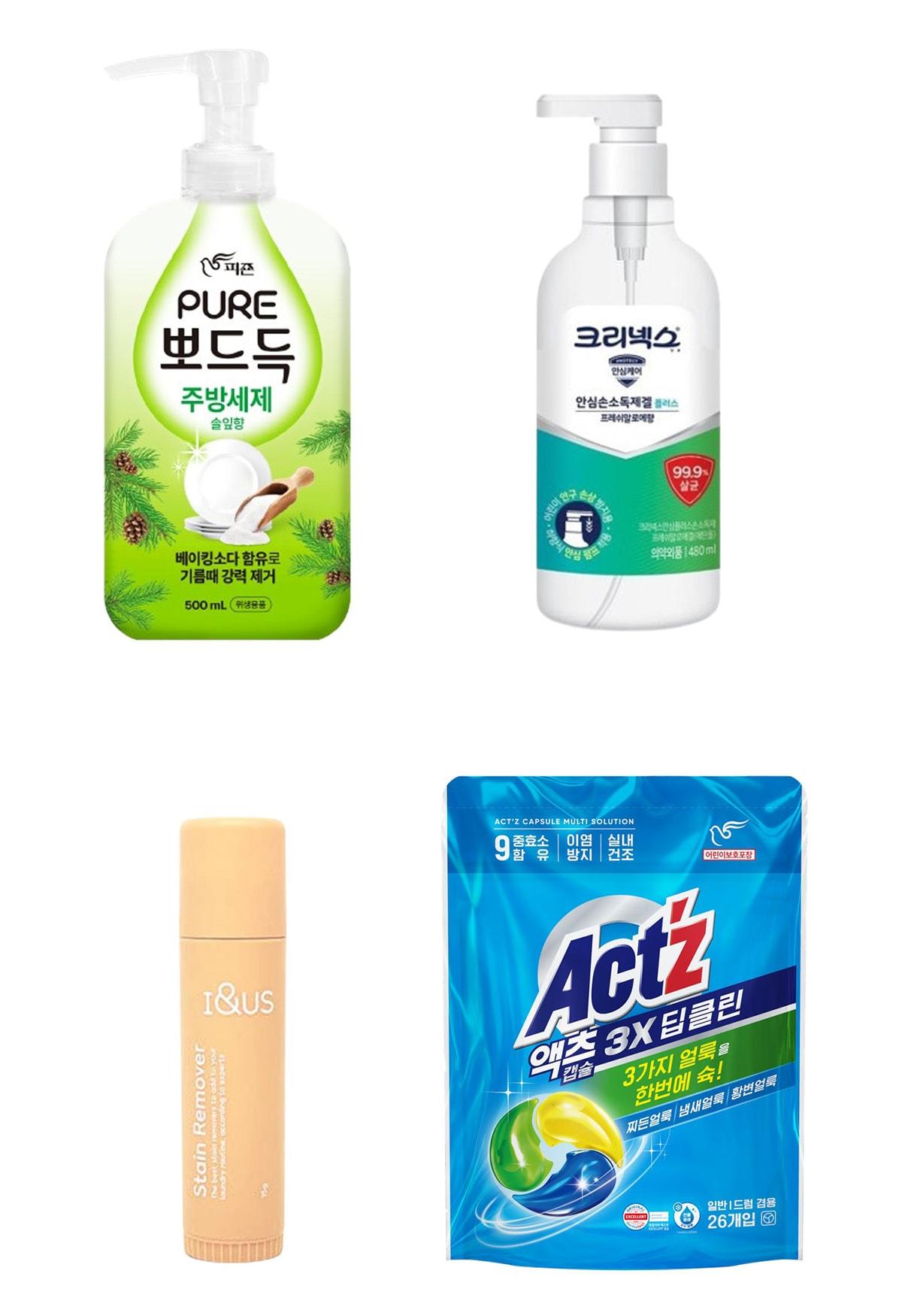 본문 이미지 - (왼쪽 상단부터 시계방향) 피죤 '퓨어 뽀드득 주방세제', 크리넥스 '안심소독제겔 플러스 프레쉬 알로에향',  피죤 '액츠 캡슐 3X 딥클린', 아이앤어스 '독일더마 프리미엄 얼룩제거제'.(각사제공)