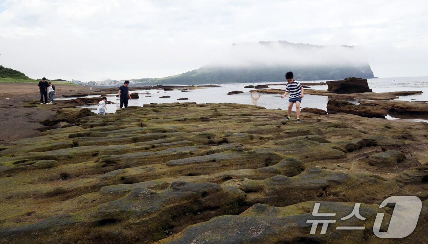 19일 오전 제주 서귀포시 성산읍 광치기해변에서 관광객들이 해무 낀 성산일출봉을 배경으로 추억을 남기고 있다. &#40;사진은 기사 내용과 무관함&#41; 2025.6.19/뉴스1 ⓒ News1 오현지 기자