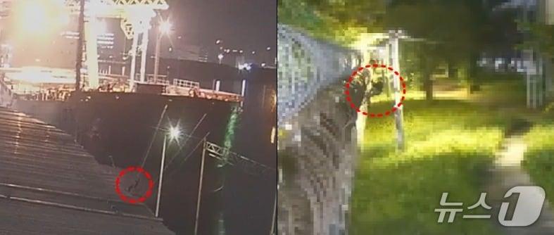 본문 이미지 - A 씨가 홋줄을 타고 내려오는 모습과 보안울타리 월담시도 모습.&#40;인천항보안공사 제공. 재배포 및 DB금지&#41;2025.6.19/뉴스1