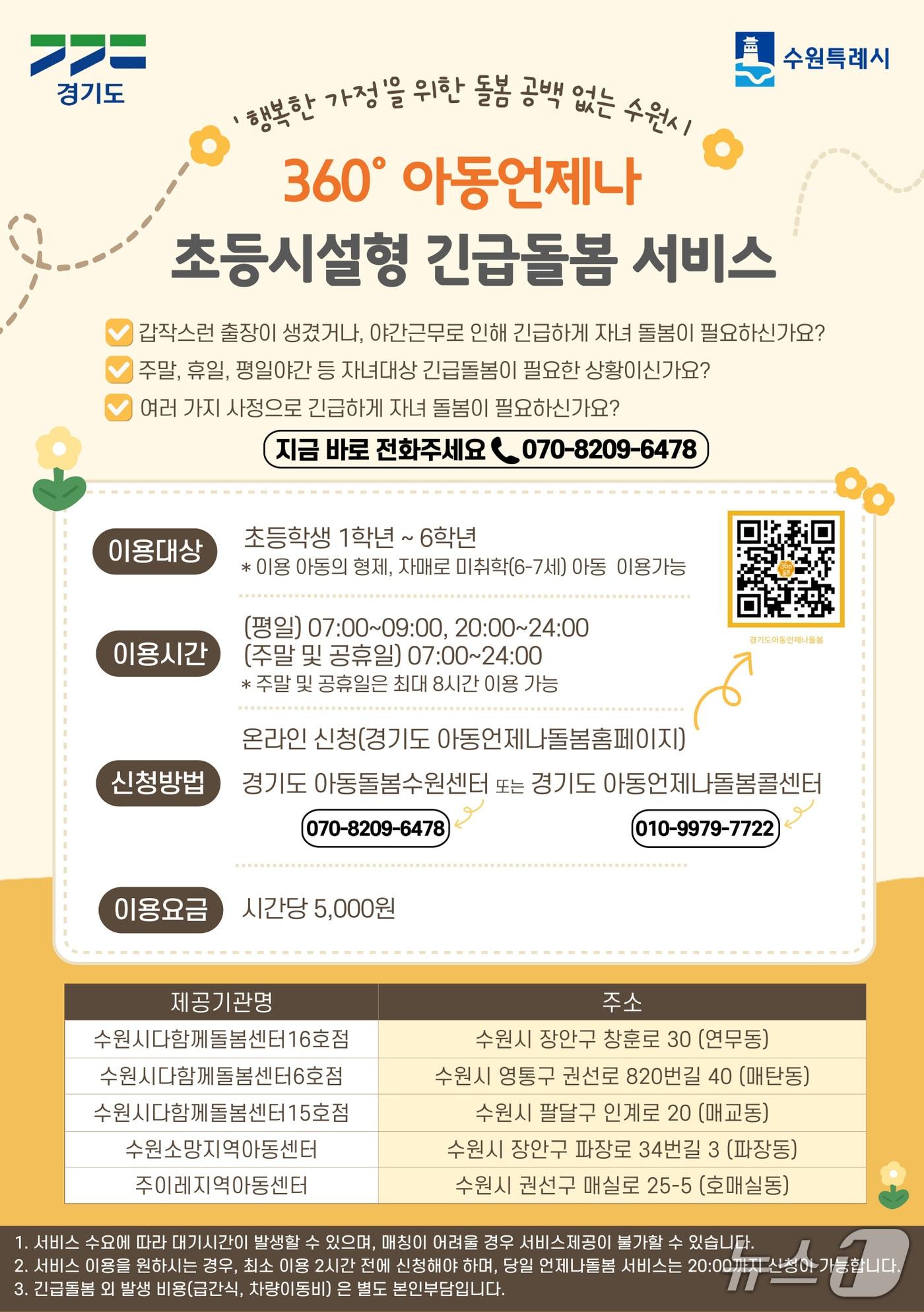 본문 이미지 - 경기 수원시 '360&deg; 아동 언제나 초등시설형 긴급돌봄 서비스' 홍보물. (수원시 제공. 재판매 및 DB 금지) 2025.6.19/뉴스1