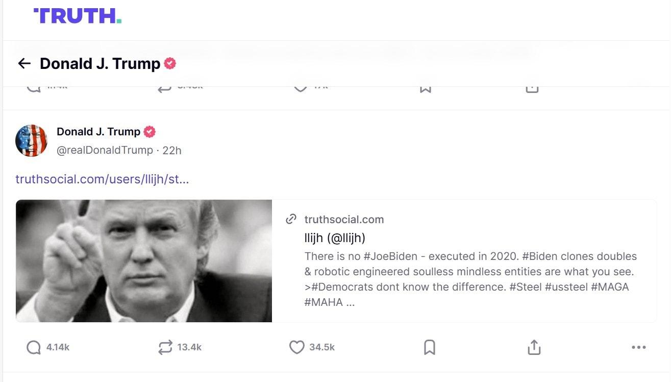 본문 이미지 - 도널드 트럼프 미국 대통령이 더트루스소셜 계정을 통해 &#34;바이든 처형설&#34;을 주장한 다른 사용자의 게시물을 공유했다.2025.6.1/ 출처: 트럼프 계정 