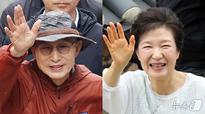 본문 이미지 - 제21대 대통령선거를 하루 앞둔 2일 이명박·박근혜 전 대통령이 나란히 공개 행보에 나섰다. 사진은 서울시장 재임 시절 복원한 청계천을 찾은 이명박 전 대통령과 부산 금정구 범어사를 방문한 박근혜 전 대통령. 2025.6.2/뉴스1 ⓒ News1 황기선 기자,윤일지 기자