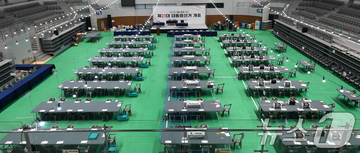 21대 대통령선거를 하루 앞둔 지난 6월2일 경북 포항체육관에서 개표에 필요한 각종 장비들이 설치되고 있다. 2025.6.2/뉴스1 ⓒ News1 최창호 기자