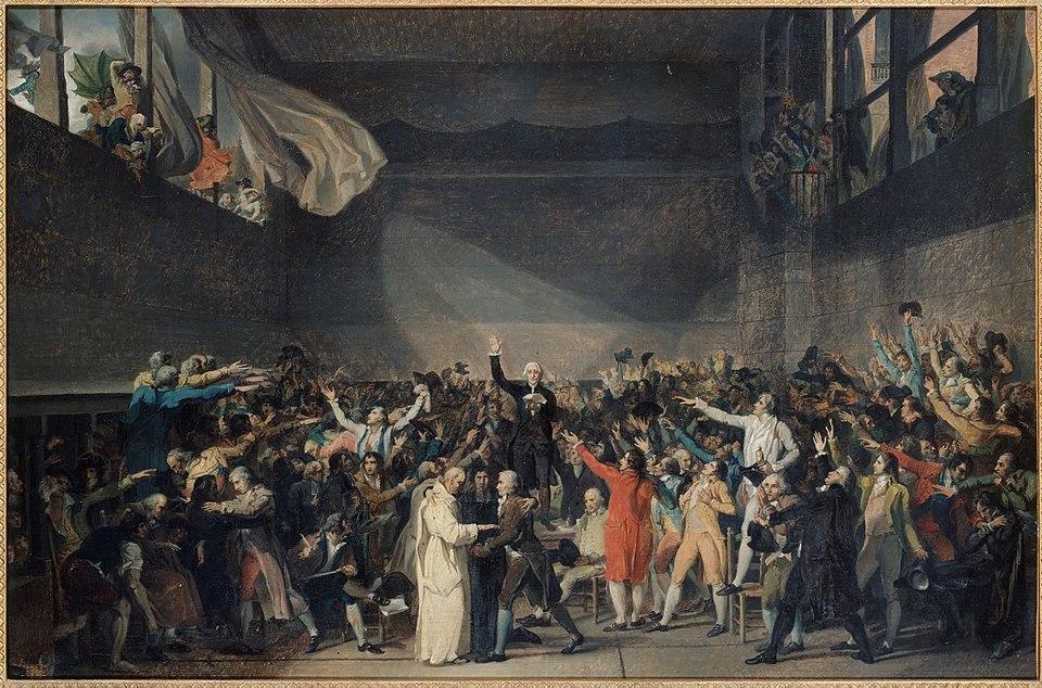 본문 이미지 - 테니스 코트의 서약 장면을 묘사한 그림. (출처: 자크루이 다비드, 1790, Public domain, via Wikimedia Commons)
