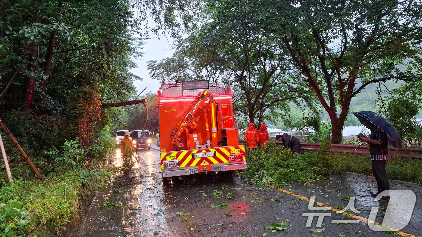 장맛비가 이어지고 있는 21일 오전 6시 40분쯤 함평군 대동면의 한 도로에 나무가 쓰러져 소방당국이 안전조치를 하고 있다. &#40;전남소방 제공. 재판매 및 DB 금지&#41; 