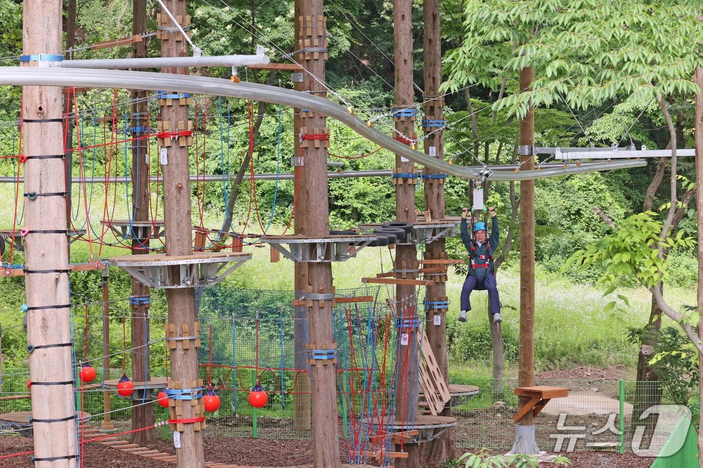 전북 임실군 관계자가 성수산 자연휴양림에 설치되는 집라인을 점검하고 있다.&#40;임실군제공. 재판매 및 DB금지&#41;2025.6.22/뉴스1