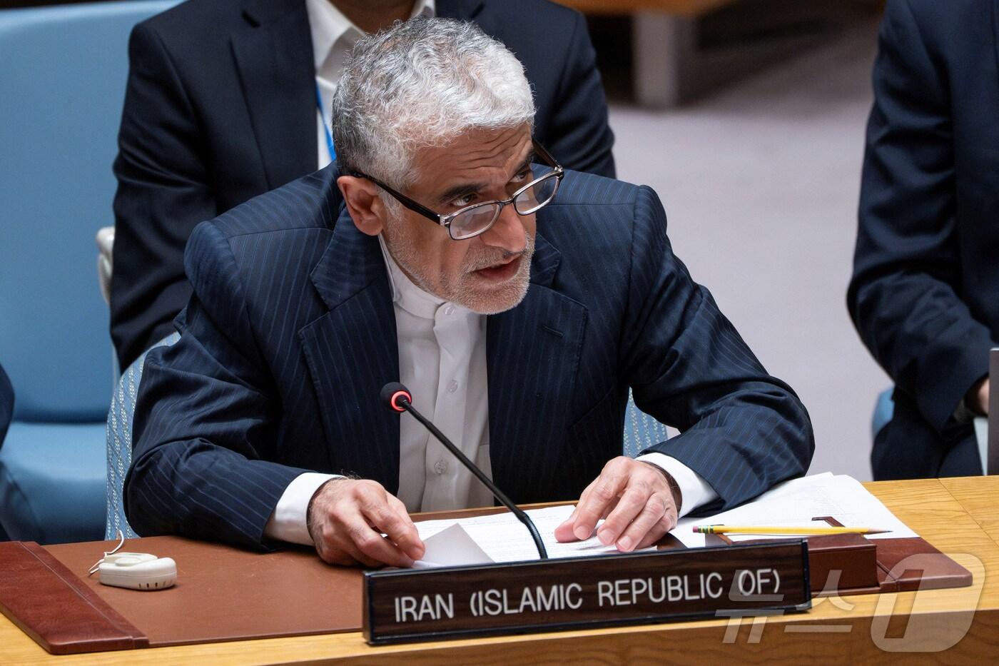 아미르 사에이드 이라바니 유엔 주재 이란 대사. 2025.6.22. ⓒ 로이터=뉴스1