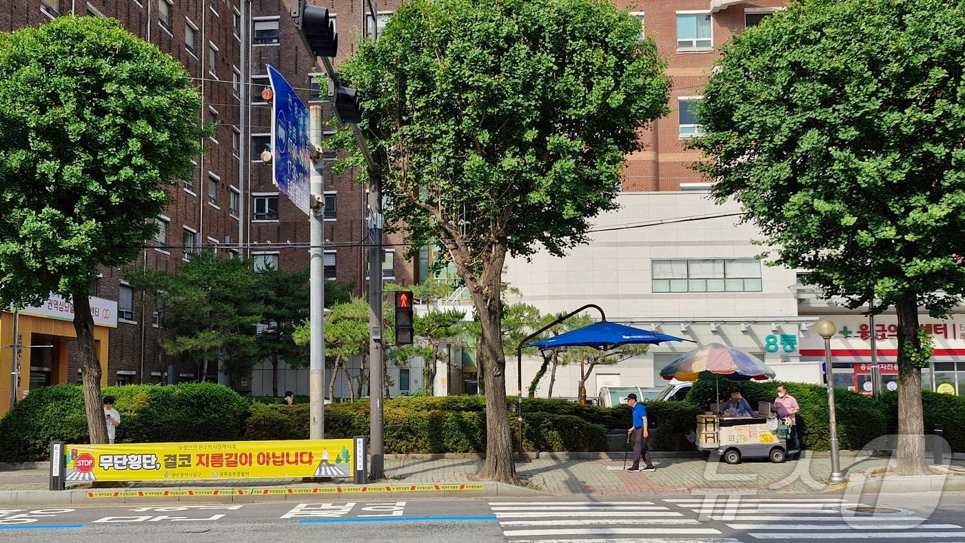 광주 전남대병원 응급실 앞에 설치된 보행 안전 현수막 게시대의 모습. &#40;광주 동구 제공. 재판매 및 DB 금지&#41; 