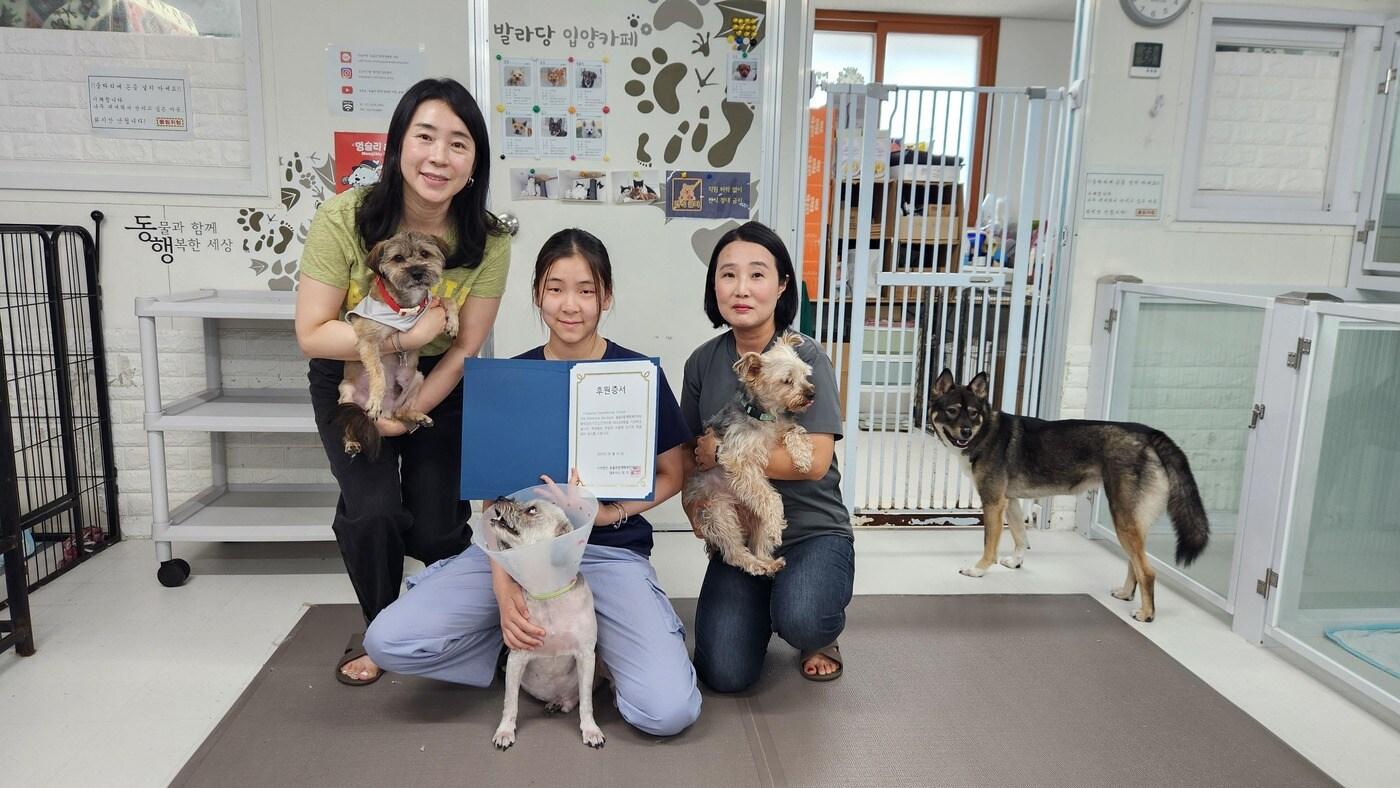 채드윅 송도국제학교의 봉사 클럽 '포우지티브 소사이어티' 관계자들이 발라당입양센터에 방문해 최미금 동물과 함께 행복한 세상(오른쪽 첫 번째) 대표 및 보호동물들과 기념 사진을 찍고 있다(동물과 함께 행복한 세상 제공). ⓒ 뉴스1