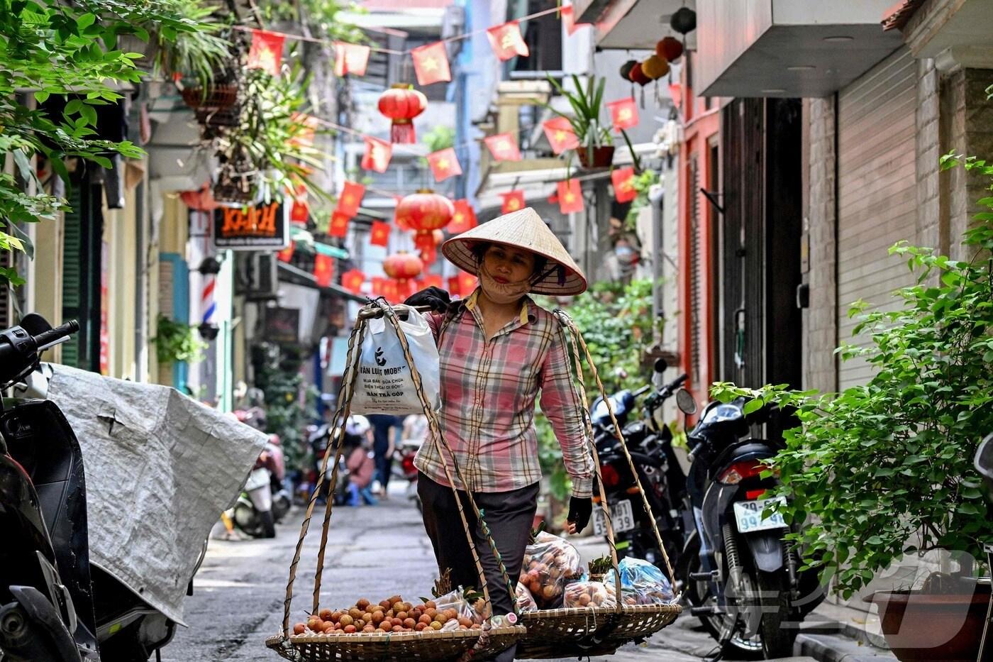 베트남 하노이의 올트쿼터에서 한 상인이 열대과일인 리치를 팔고 있다. 2025.06.23. ⓒ AFP=뉴스1 ⓒ News1 권영미 기자