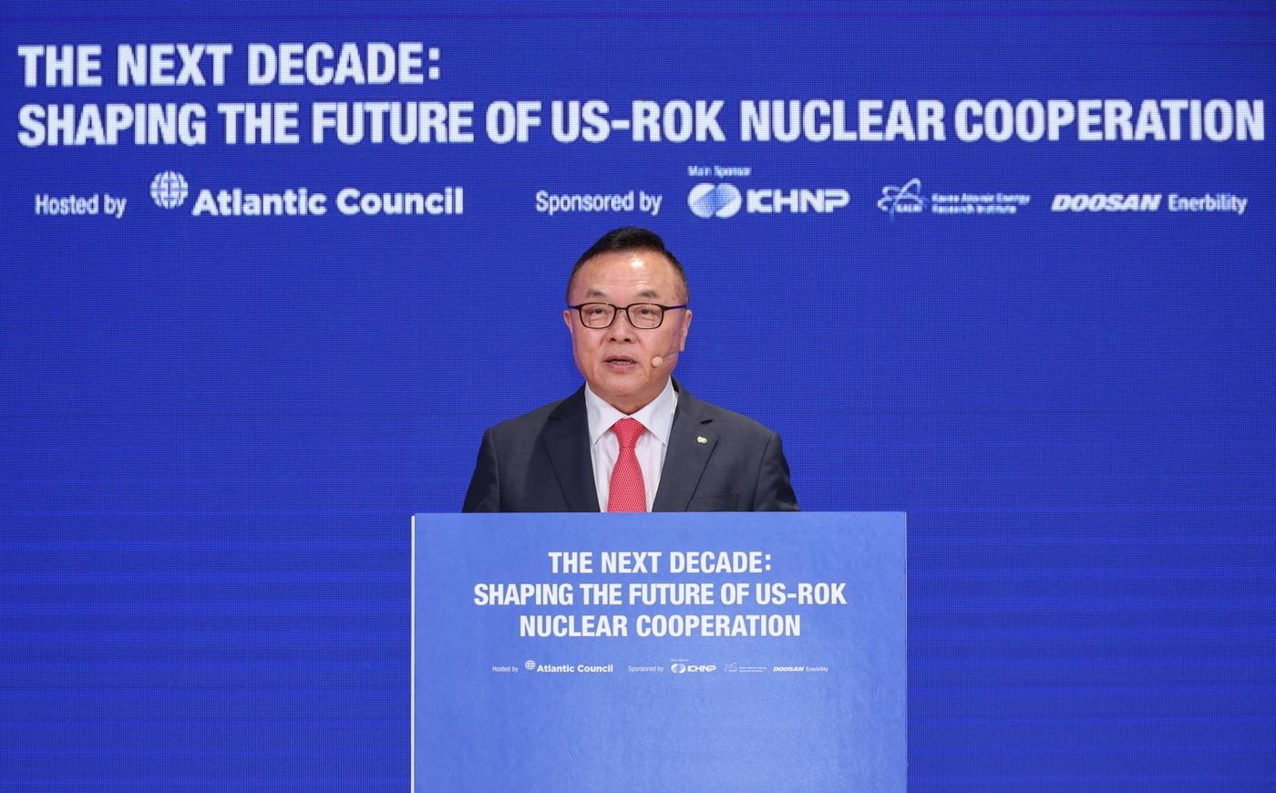 황주호 한국수력원자력 사장이 23일 &#39;한미 민간 원자력 협력 콘퍼런스&#39;에 참가하여 기조 발언하고 있다. &#40;한국수력원자력 제공&#41; 2025.06.23 /뉴스1