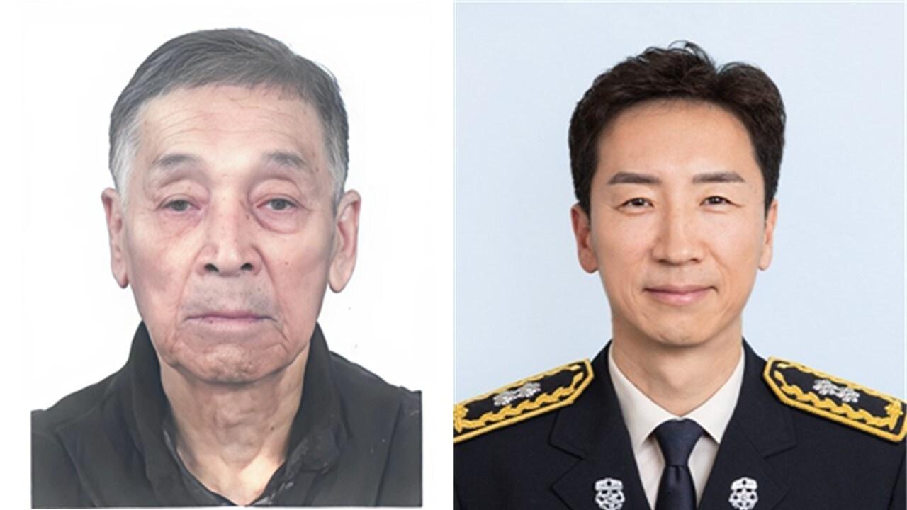 본문 이미지 - 왼쪽부터 이필원 6·25전쟁 참전유공자와 그의 아들 이호근 소방경.(두산 베어스 제공)