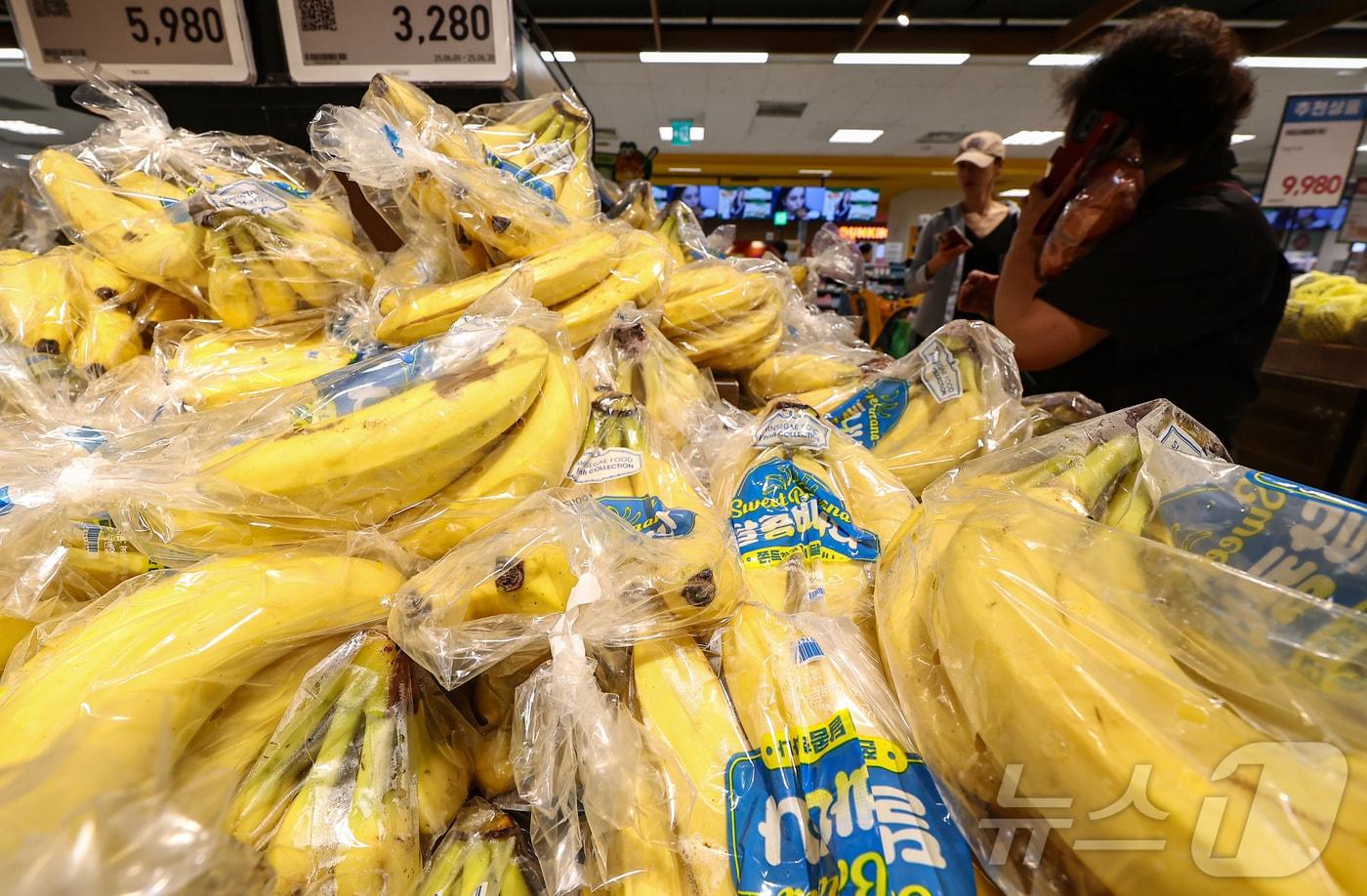 정부가 지난해 상반기 사과·배 가격이 치솟으며 전체 물가 상승을 주도하자 물가 안정을 위해 설탕, 바나나 등 농축산물에 할당관세를 적용했지만, 국내 유통구조 등의 문제로 소비자물가에는 큰 영향을 미치지 못한 것으로 나타났다. 바나나와 파인애플은 할당관세 적용으로 수입물가가 1% 떨어졌을 때 도매가격은 각각 0.78%, 1.12% 낮아졌지만, 소매가격은 0.25%, 0.32% 하락하는 데 그쳤다. 사진은 25일 서울 시내 한 대형마트에 판매되는 바나나 등 열대과일. 2025.6.25/뉴스1 ⓒ News1 김도우 기자