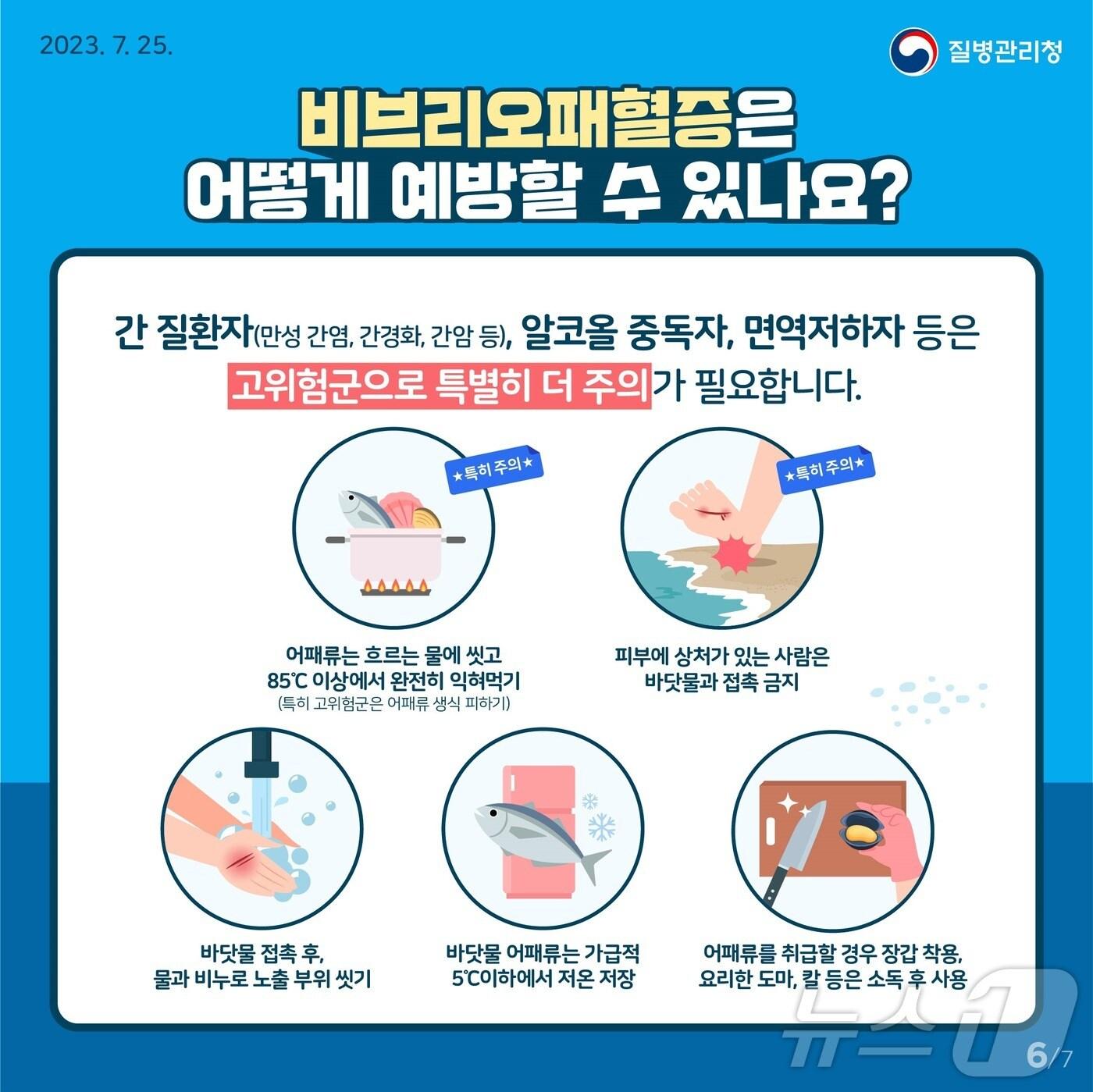 본문 이미지 - 해산물을 날로 먹었을 때 감염될 수 있는 비브리오패혈증 환자가 늘고 있어 질병관리청이 주의를 당부했다. 사진은 비브리오 패혈증 예방수칙.(질병관리청 제공)