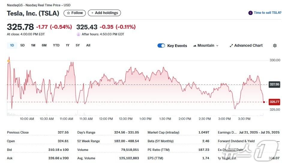 본문 이미지 - 테슬라 일일 주가추이 - 야후 파이낸스 갈무리
