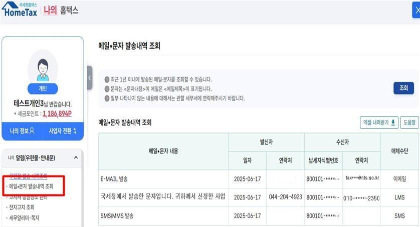 본문 이미지 - 국세청 홈택스 내 '발송메시지 진위확인 서비스' 화면(국세청 제공). 2025.6.27/뉴스1