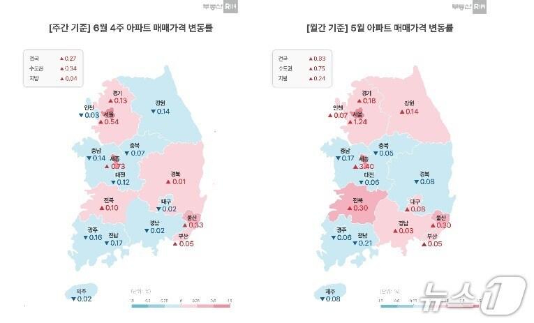 본문 이미지 -  6월 넷째 주 아파트 매매가격 변동률 (부동산114 제공)