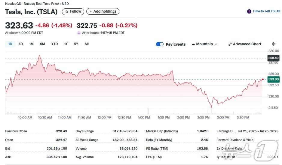 본문 이미지 - 테슬라 일일 주가추이 - 야후 파이낸스 갈무리