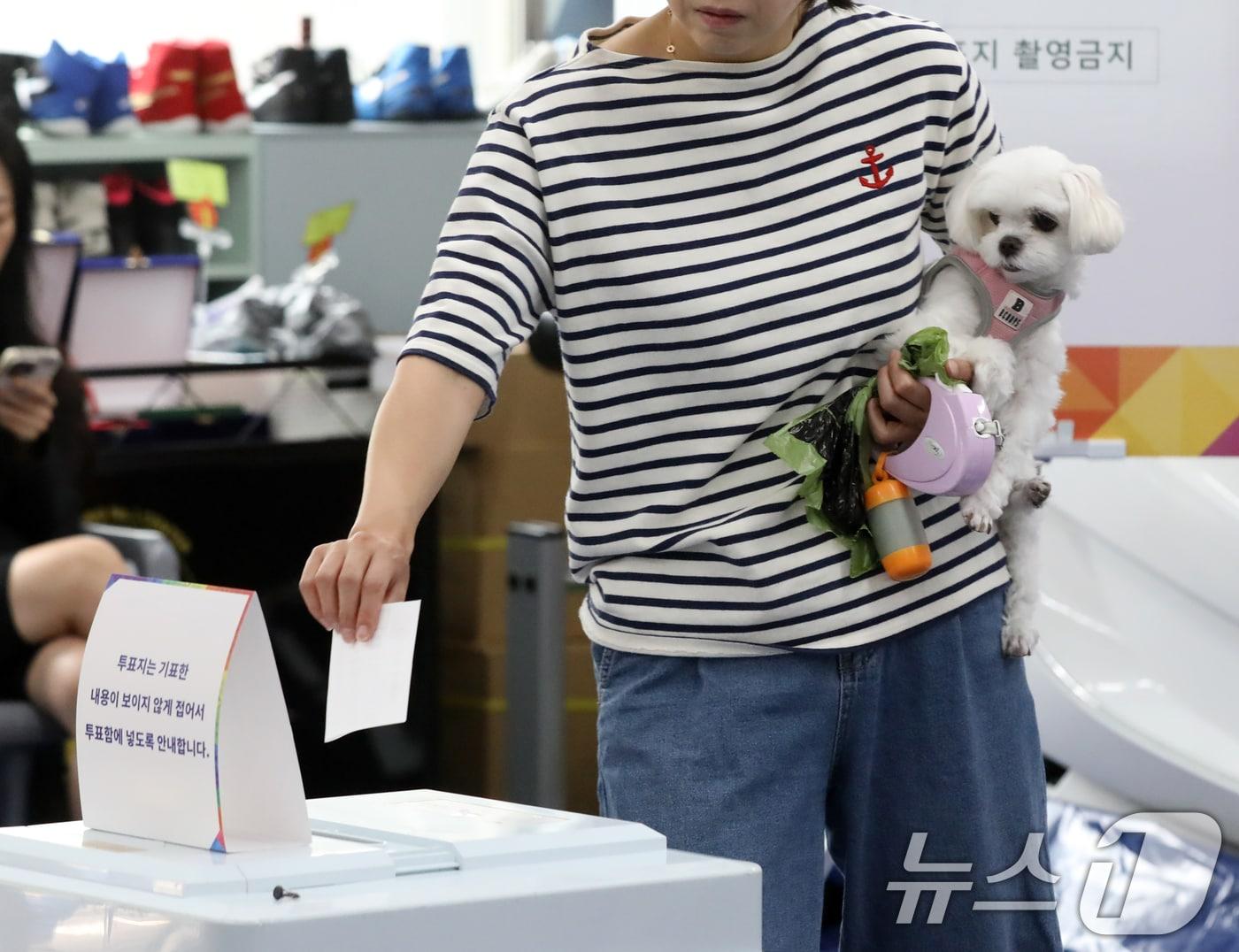 본문 이미지 - 제21대 대통령 선거일인 3일 부산 수영구 레슬링넘버원 멀티짐에 마련된 남천제2동 제3투표소에서 유권자가 반려견을 안고 투표하고 있다. 2025.6.3/뉴스1 ⓒ News1 윤일지 기자