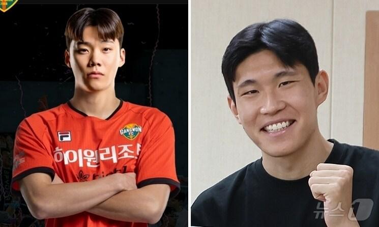 본문 이미지 - 2025 동아시아축구연맹(EAFF) E-1 챔피언십에 출전하는 광주대 출신의 강원FC 모재현(왼쪽)과 대전하나시티즌의 김봉수.(광주대 제공. 재배포 및 DB 금지)