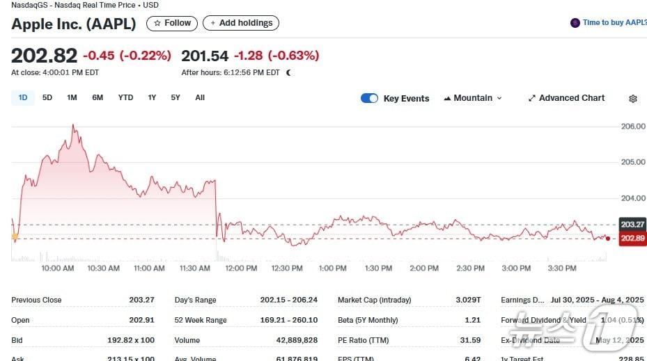 본문 이미지 - 애플 일일 주가추이 - 야후 파이낸스 갈무리