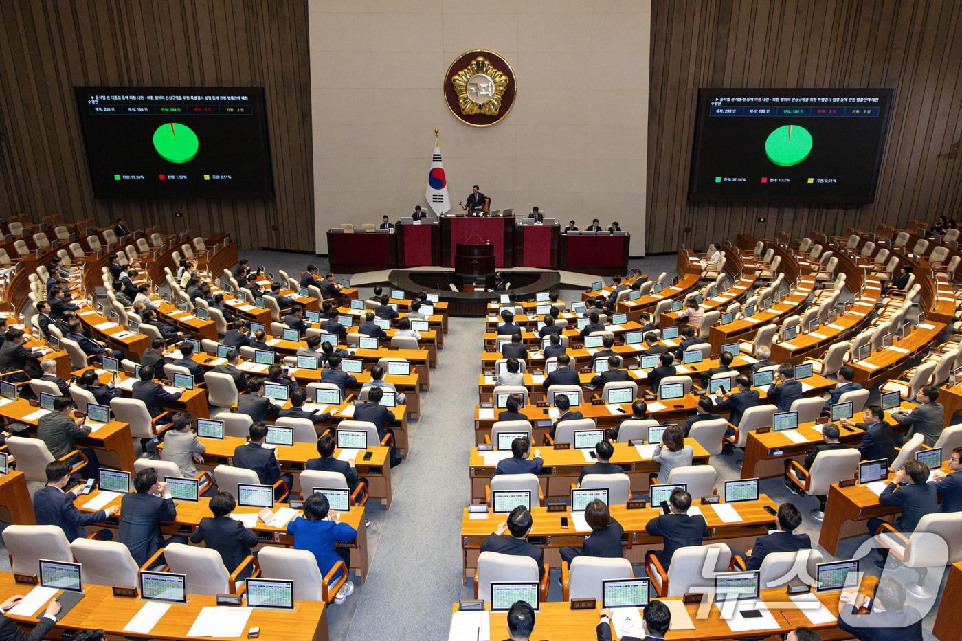 5일 오후 서울 여의도 국회 본회의에서 내란 특검법(윤석열 전 대통령 등에 의한 내란·외환 행위의 진상규명을 위한 특별검사 임명 등에 관한 법률안)이 통과되고 있다. 2025.6.5/뉴스1 ⓒ News1 이재명 기자