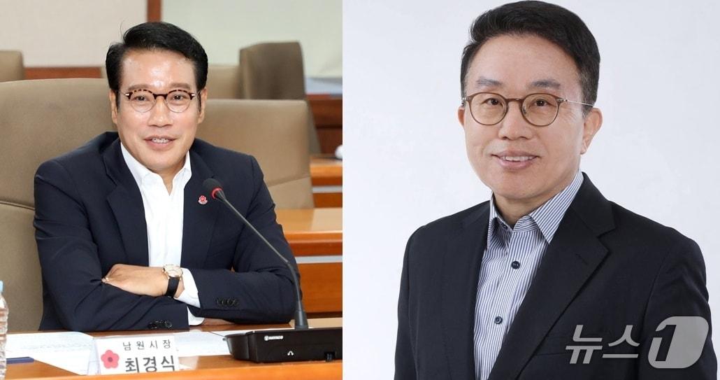 본문 이미지 - 최경식 전북 남원시장&#40;왼쪽&#41;과 양충모 전 새만금개발청장&#40;오른쪽&#41;/뉴스1 