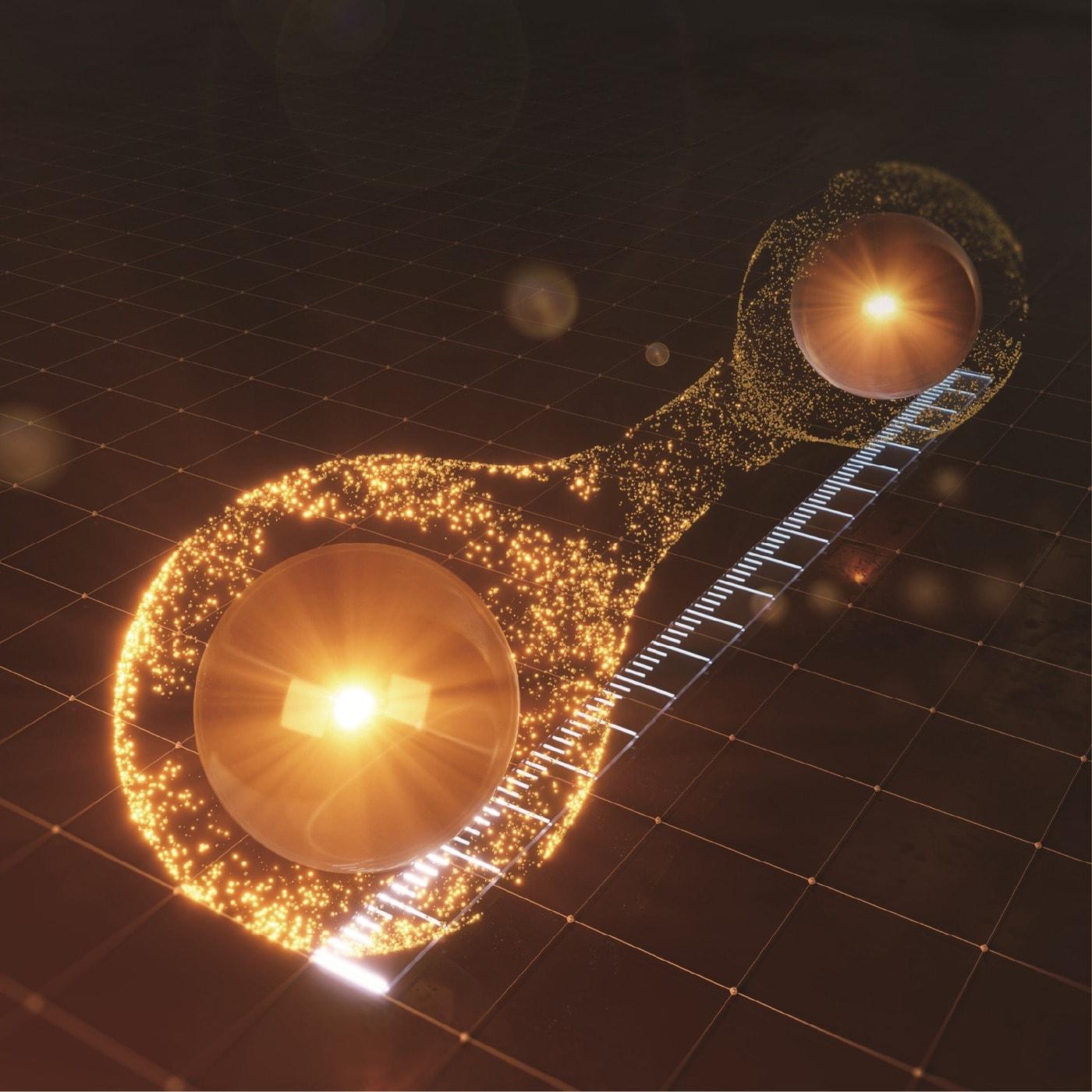 본문 이미지 - 양자거리 측정 개념도. 두 개의 노란 공은 전자를 나타내며, 그 아래 흰색 눈금은 거리를 측정한다는 의미로 &#39;자&#39;를 표현한 것이다.&#40;김근수 연세대 교수 제공&#41;/뉴스1