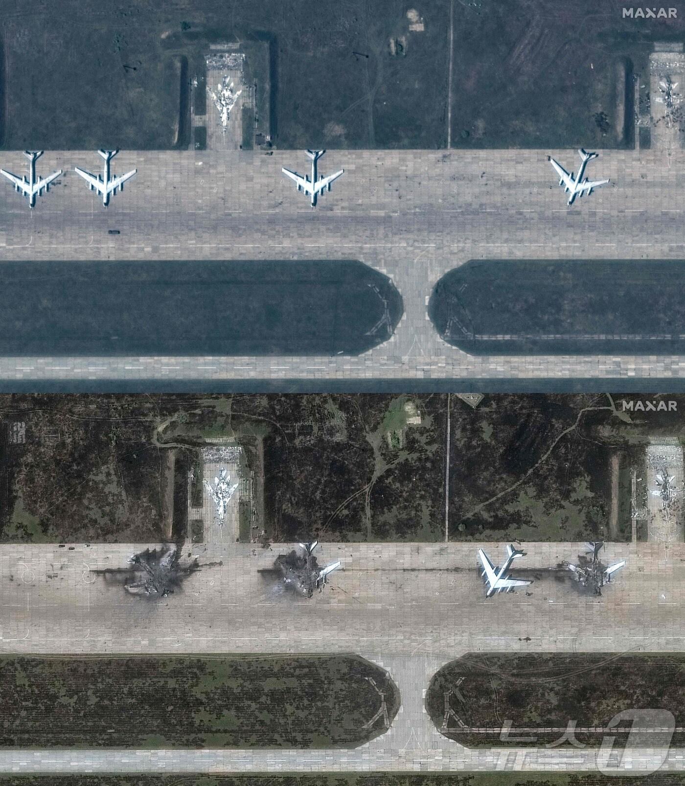 본문 이미지 - 우크라이나의 드론 공격 전후 러시아 Tu-22 폭격기 상태를 비교한 위성 사진. 아래 사진이 공습 이후 파괴된 모습. 2025.06.4. ⓒ AFP=뉴스1 ⓒ News1 이지예 객원기자