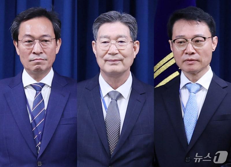 본문 이미지 - 이재명 대통령은 대통령실 정무수석비서관에 우상호 전 더불어민주당 의원, 민정수석비서관에 오광수 대륙아주 변호사, 홍보소통수석에 이규연 전 JTBC 대표를 임명했다. 왼쪽부터 우상호 정무수석, 오광수 민정수석, 이규연 홍보소통수석. 2025.6.8/뉴스1 ⓒ News1 박지혜 기자