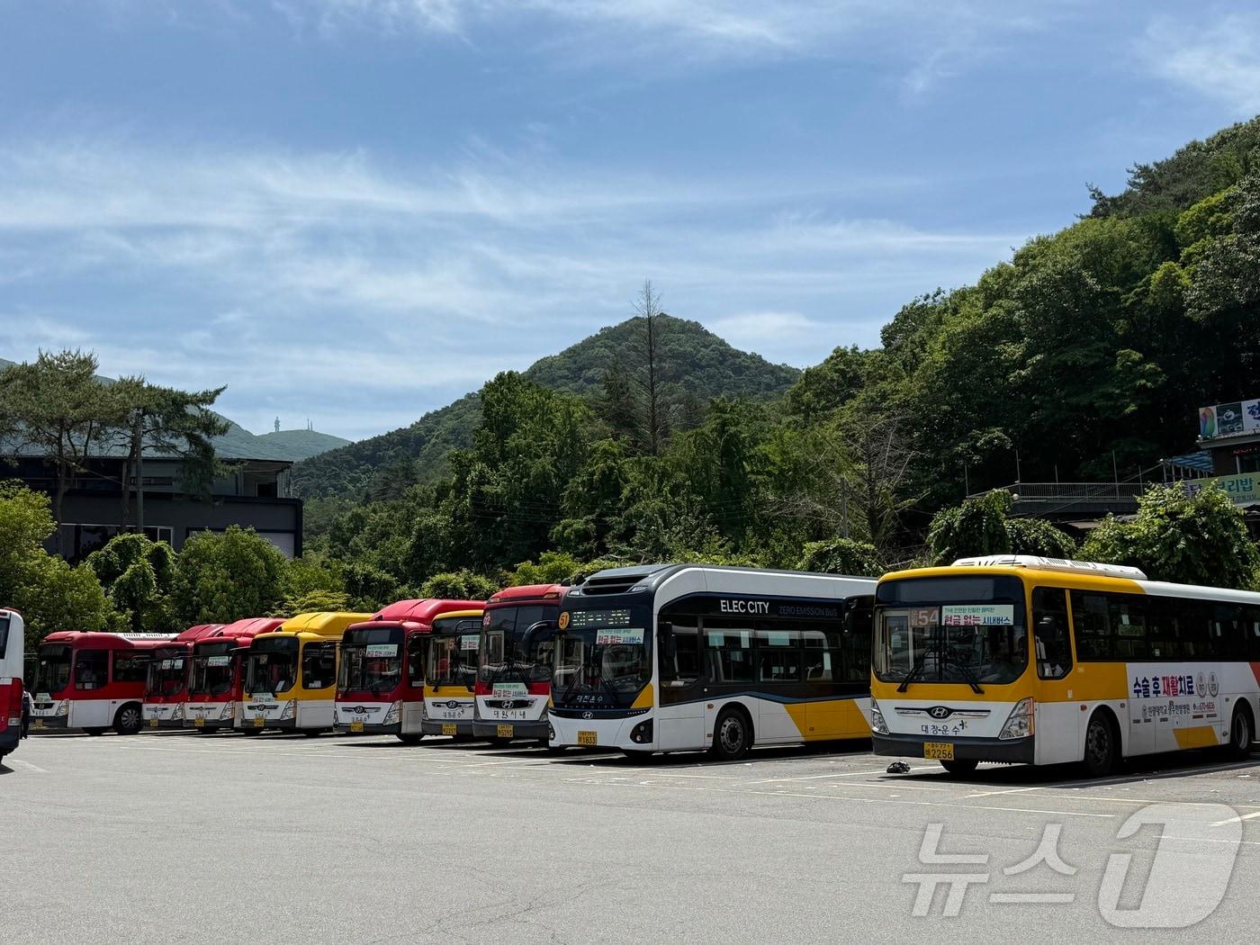 본문 이미지 - 버스노조가 준법투쟁에 돌입한 지 사흘째인 8일 광주 동구 무등산 증심사역 인근 차고지에 시내버스가 대기하고 있다. 2025.6.8/뉴스1 ⓒ News1 김태성 기자