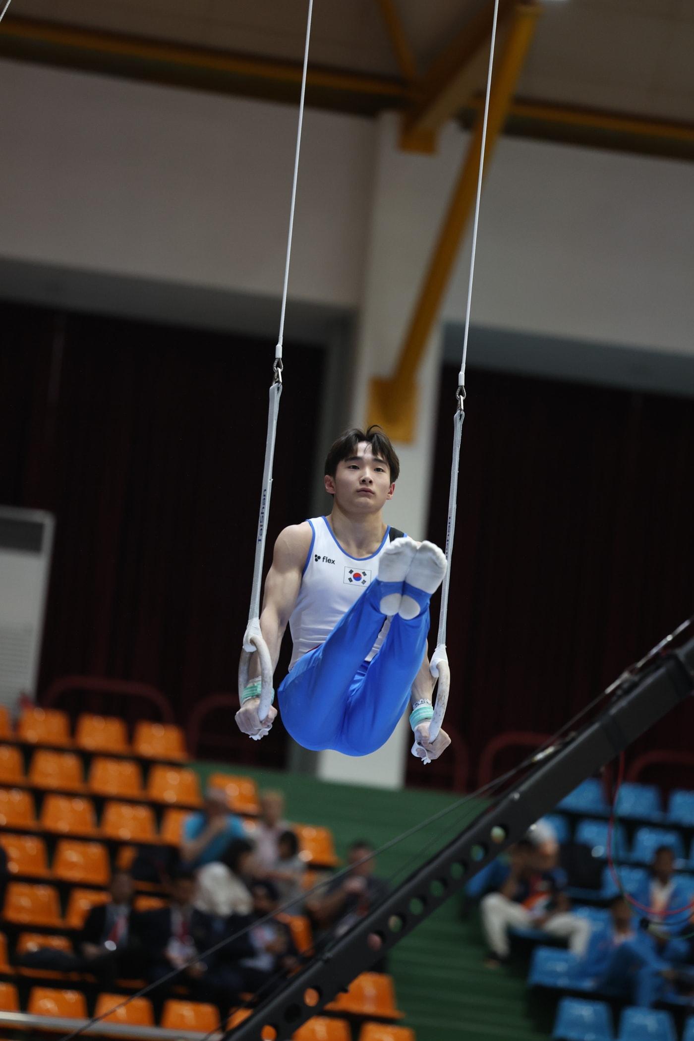 본문 이미지 - 차예준이 8일 열린 2025 기계체조 주니어 아시아선수권대회 남자부 링 결선에서 금메달을 획득했다. (대한체조협회 제공)