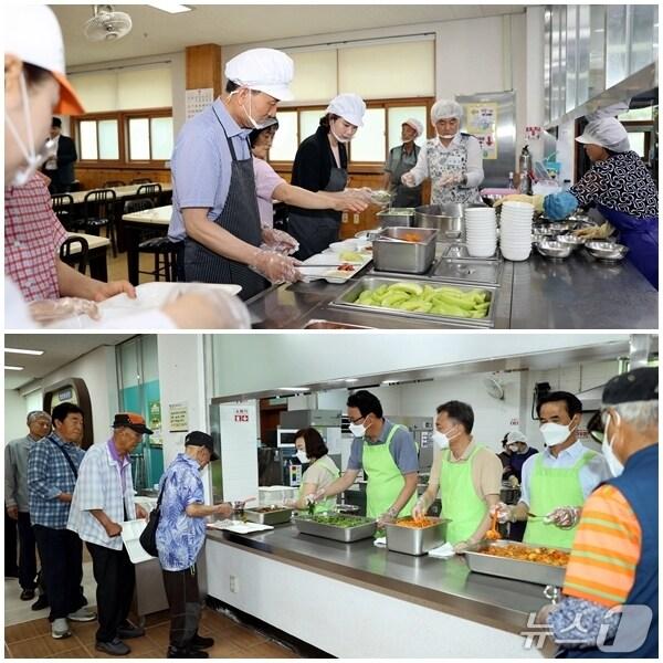 본문 이미지 - 1일 전북진안군의회가 장애인복지관과 복합노인복지타운&#40;아랫쪽&#41; 배식봉사를 하고 있다.&#40;의회제공. 재판매 및 DB금지&#41;2025.7.1/뉴스1