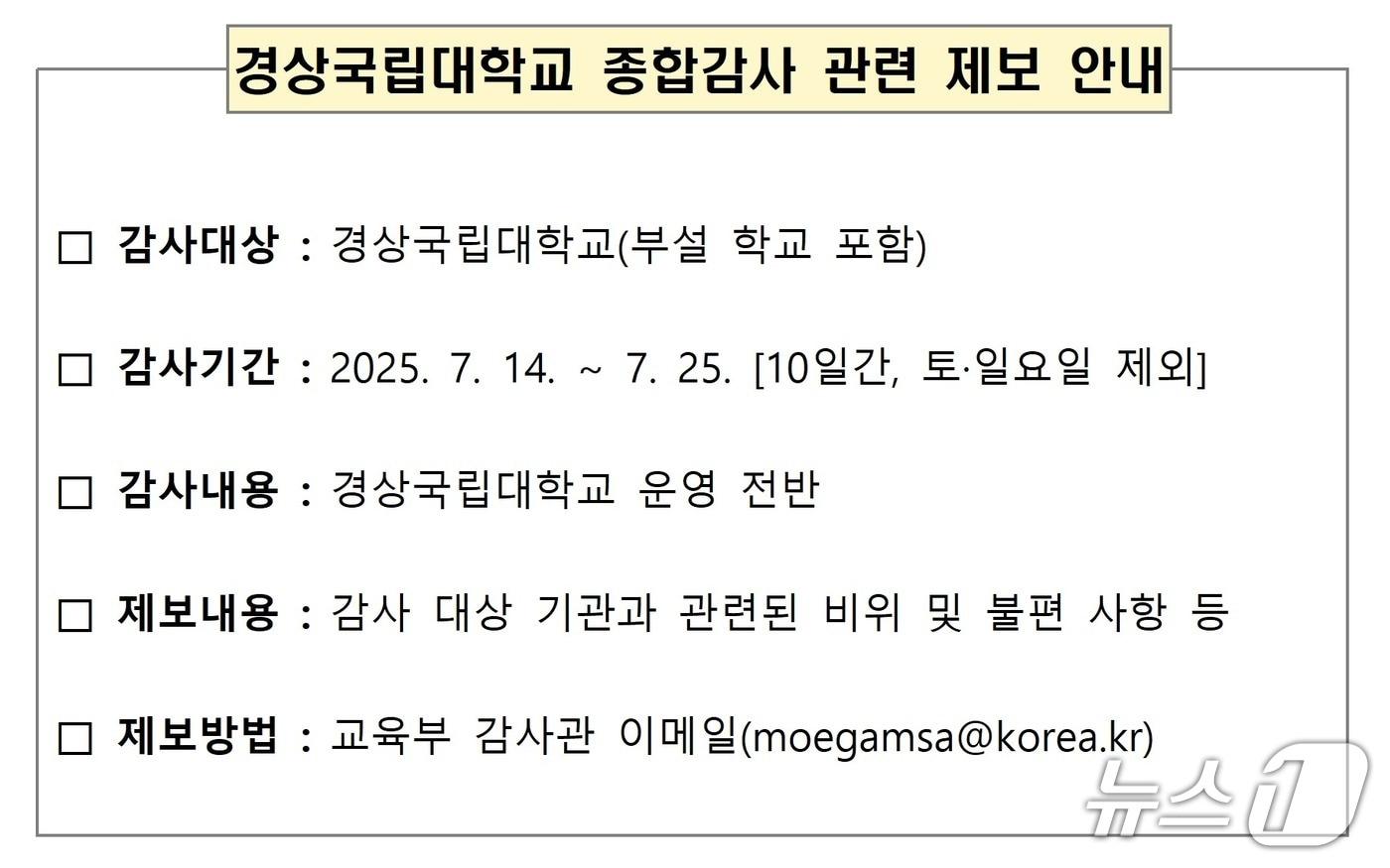 경상국립대 홈페이지에 게시된 종합감사 안내문.