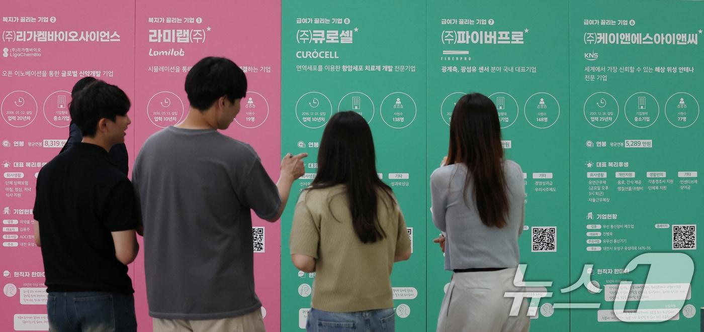 대전 대덕구 한남대 캠퍼스혁신파크에서 열린 청년과 지역 우수기업 간 일자리 매칭 '잡(JOB)담(談)'에서 참가 학생이 기업정보를 살피고 있다.  ⓒ News1 김기태 기자