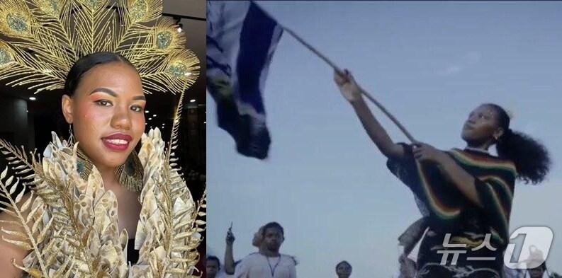 본문 이미지 - 2025 미스 인도네시아 대회에서 실격 처리된 파푸아고원주 대표 메린스 코고야(20). <출처=소셜미디어 엑스>