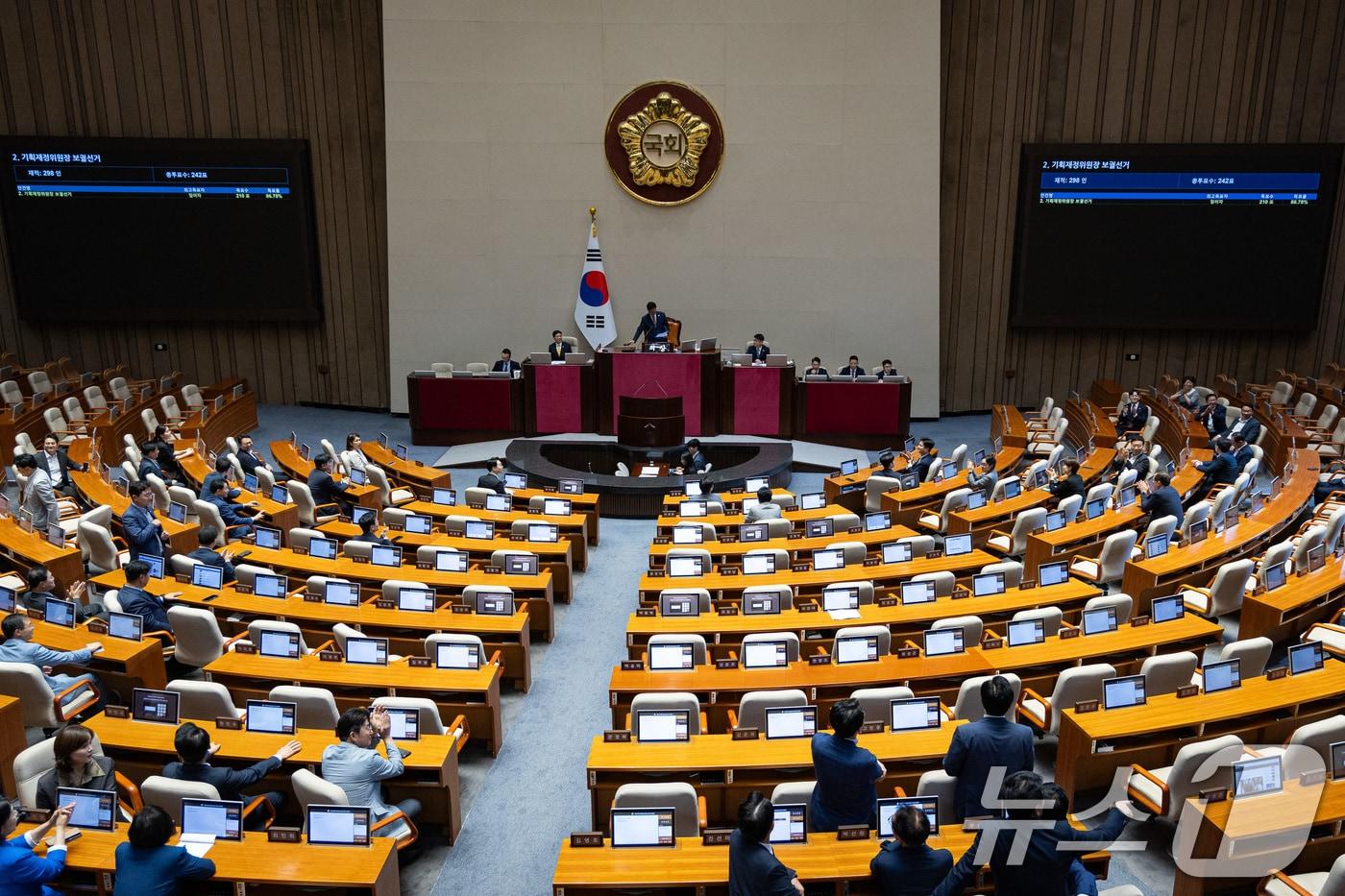 지난 10일 서울 여의도 국회에서 열린 제427회 국회(임시회) 제1차 본회의에서 임이자 국민의힘 의원이 86.78%의 득표율로 기획재정위원장으로 선출되고 있다. 2025.7.10/뉴스1 ⓒ News1 유승관 기자