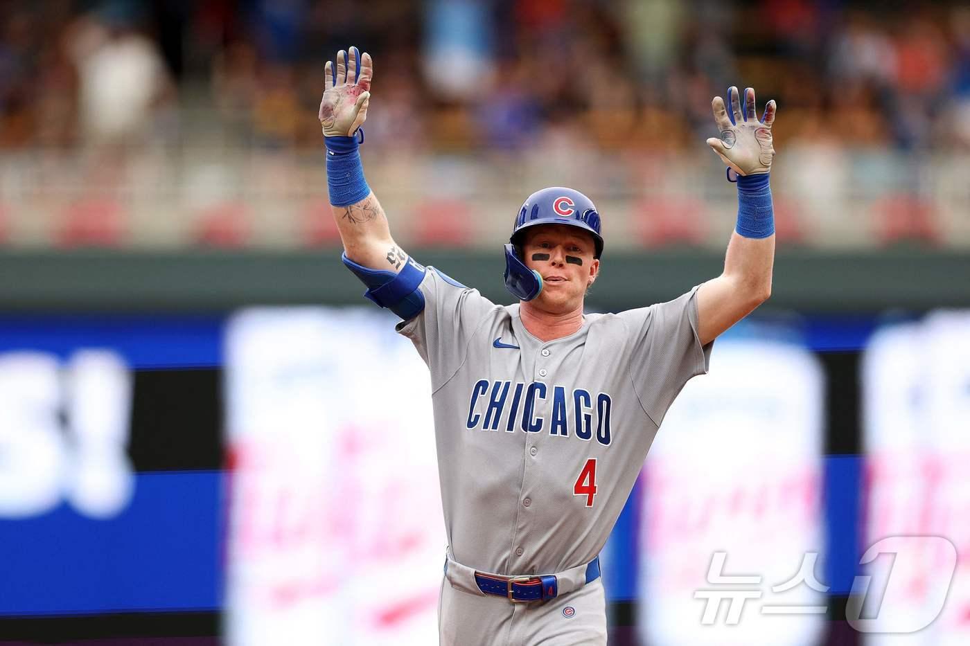 시카고 컵스 외야수 피트 크로우 암스트롱은 11일(한국시간) 열린 메이저리그 미네소타 트윈스전에서 홈런 두 방을 터뜨려 홈런 25개와 도루 27개를 기록했다. ⓒ AFP=뉴스1