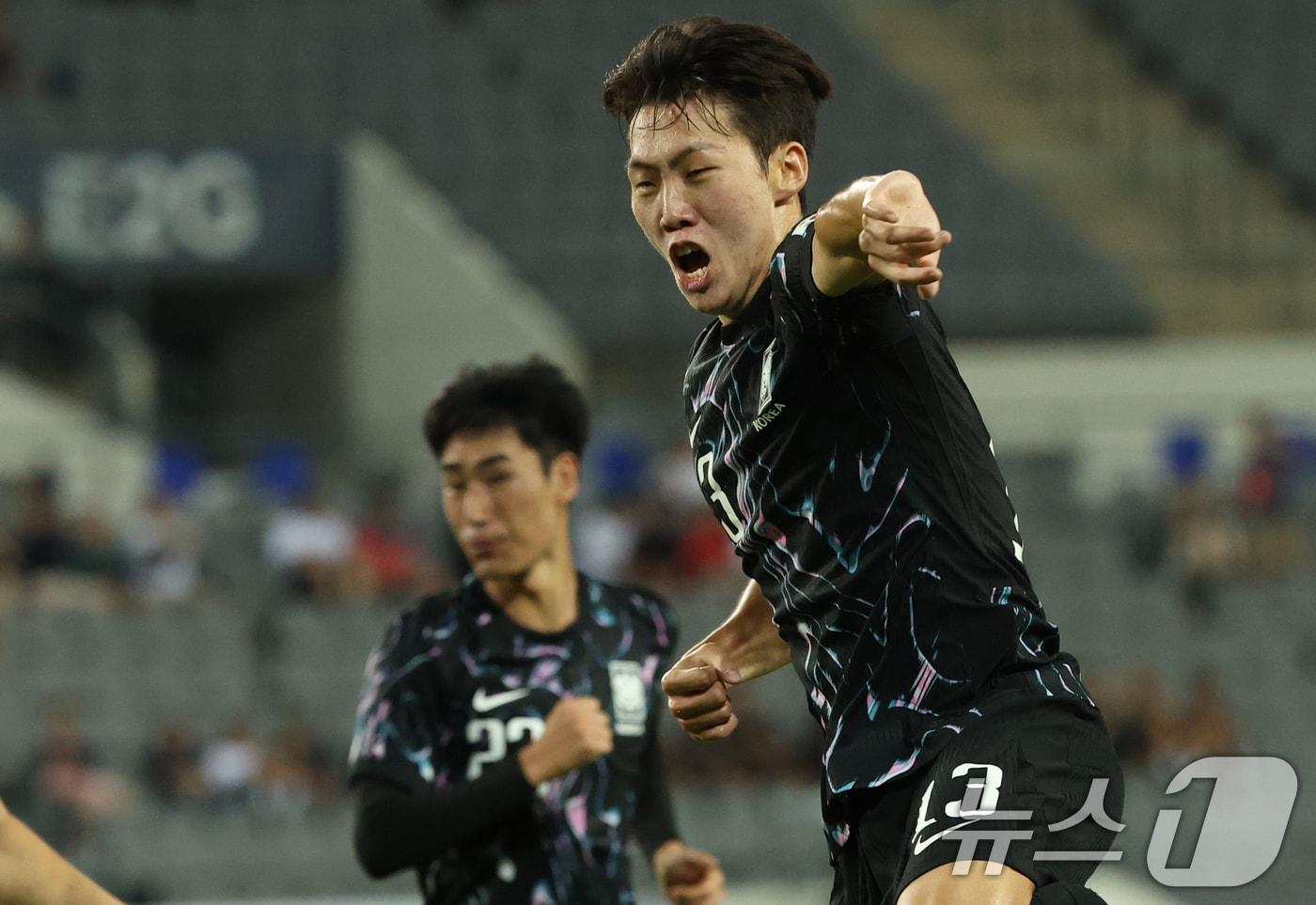 강상윤이 11일 오후 경기 용인시 처인구 용인미르스타디움에서 열린 2025 동아시아축구연맹(EAFF) E-1 챔피언십 남자부 대한민국과 홍콩의 경기에서 득점한 뒤 기뻐하고 있다. 2025.7.11/뉴스1 ⓒ News1 김영운 기자