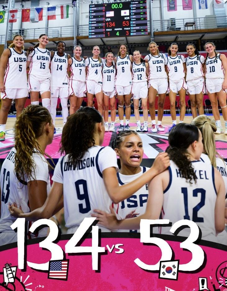 본문 이미지 - 한국은 2025 FIBA U19 여자농구 월드컵 첫 경기에서 미국에 53-134로 대패했다. (FIBA 제공)
