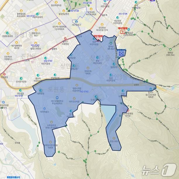 본문 이미지 - 대구 달서구 상인3동, 도원동 전역, 진천동, 상인1·2동 일부 지역에 15일 오후 10시부터 흐린 물 출수가 예상된다. 이미지는 흐린 물 출수 예상 지역 위치도. (대구시 제공. 재판매 및 DB 금지)/뉴스1