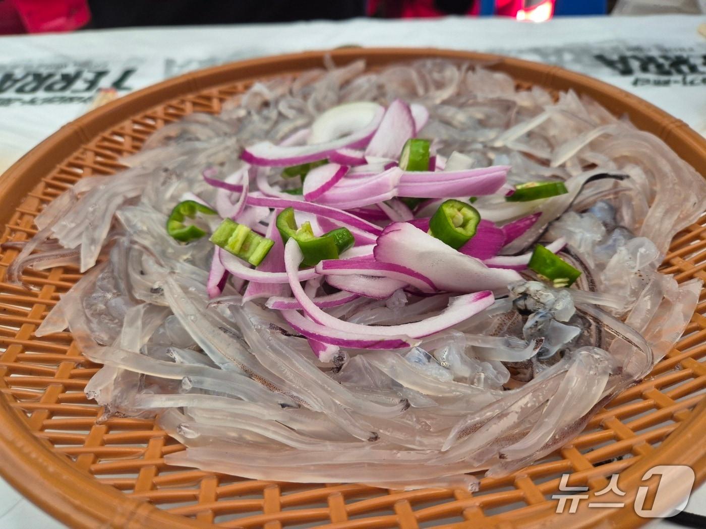 본문 이미지 - 강원 속초 포장마차촌 &#39;오징어 난전&#39;에서 판매하는 오징어회. 지난 11일 기준 오징어난전에선 오징어 활어가 2마리 5만 원에 팔리고 있었다. 2025.7.13/뉴스1 윤왕근 기자